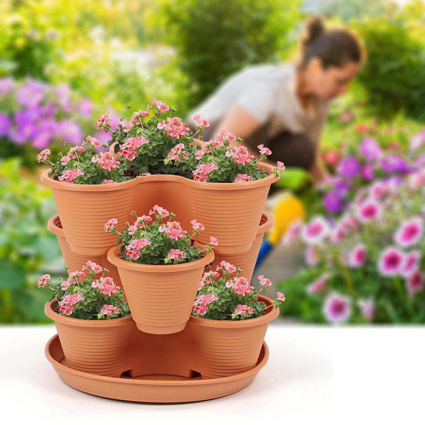 Taylor & Brown 3 Tier Stackable Strawberry, Herb, Flower, and Vegetable Planter - Vertical Growing Garden Tower Indoor/Outdoor Planters Tri-Pot (Terracotta)