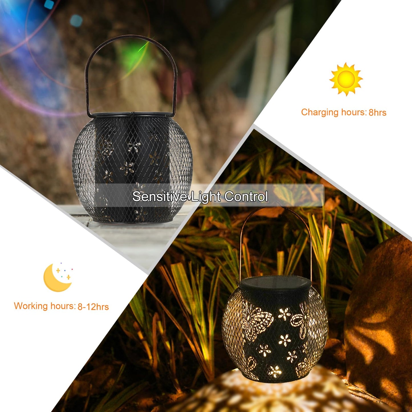 Neoglint Butterfly Solar Lanterns Light, 2 Pcs Outdoor Hanging Garden Lights Metal Lamp IP65 Waterproof Garden Ornaments Lantern Lights for Patio Yard Garden Lawn