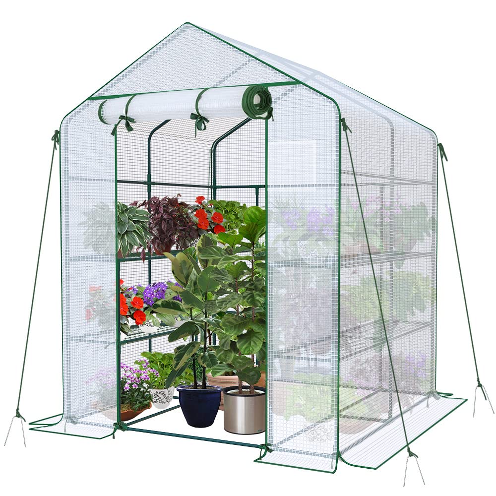 VOUNOT® Walk In Greenhouse with Shelves, Roll up Zip Panel Door Garden Plastic Polytunnels Grow House for Outdoor Use, White 143x143x195cm