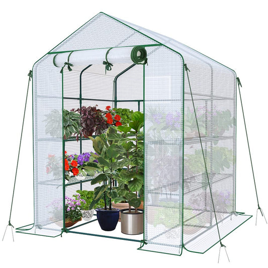 VOUNOT® Walk In Greenhouse with Shelves, Roll up Zip Panel Door Garden Plastic Polytunnels Grow House for Outdoor Use, White 143x143x195cm