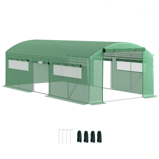 Outsunny 6 x 3 x 2m Polytunnel Greenhouse with 3 Roll-up Doors and Large Mesh Windows, Walk-in Garden Tunnel Warm House Tent with UV-resistant PE Cover and Galvanised Steel Frame, Green