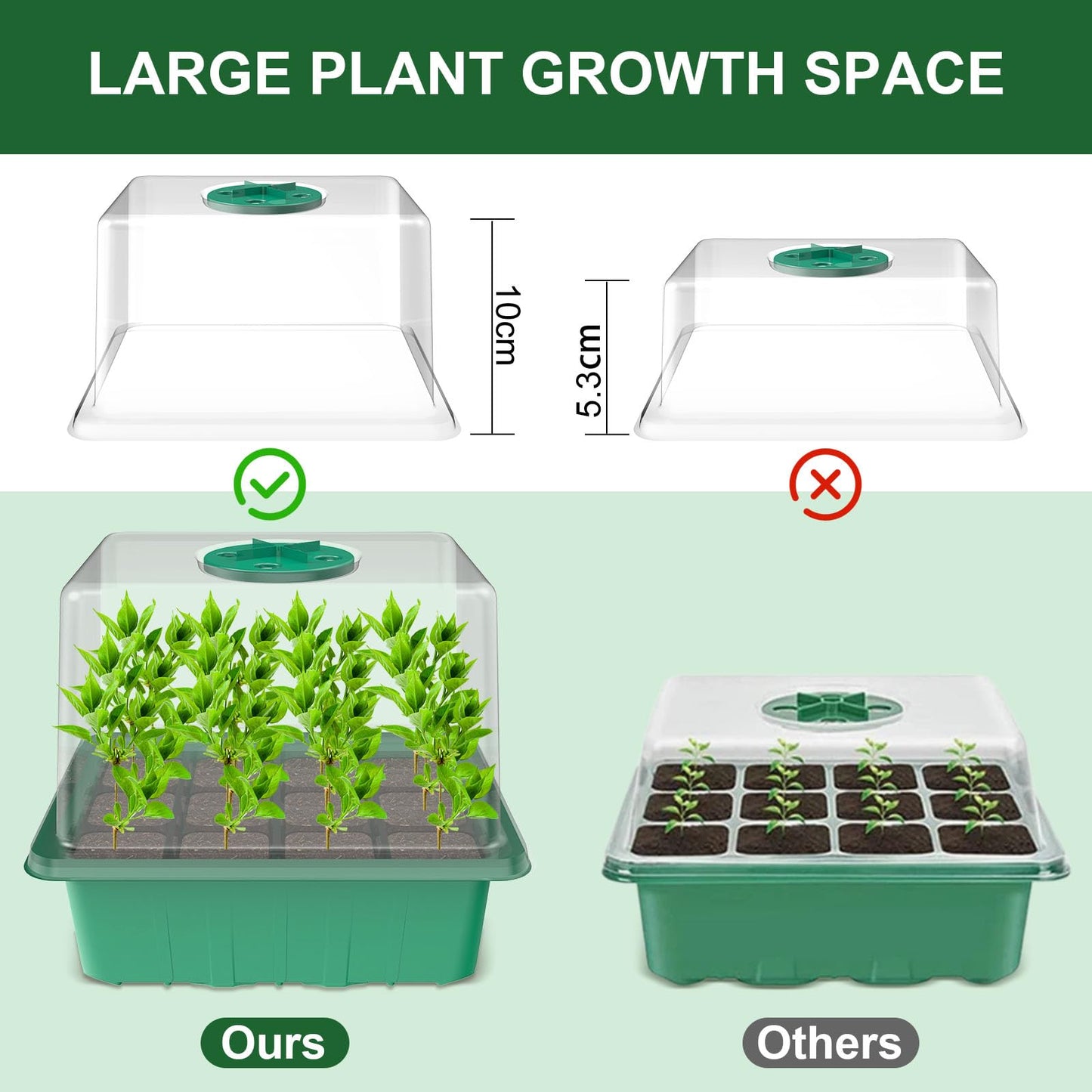 MQUPIN Seed Trays, 10 Pack 120 Cells Seed Propagators with Heightened Lid, Seedling Starter Reusable Growing Trays for Plants with Adjustable Window for Indoor or Outdoor, Green