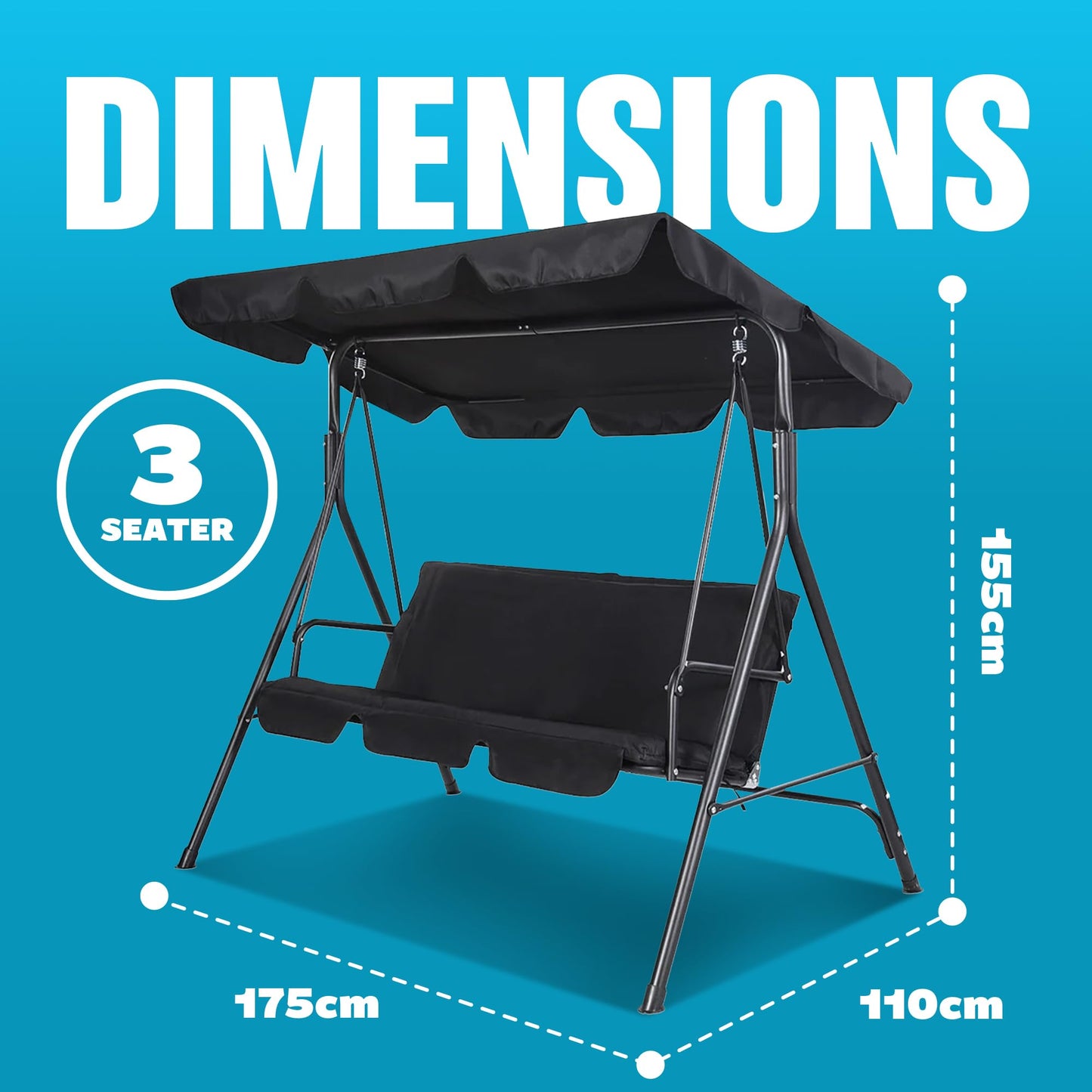 3 Seater Garden Swing Chair - Black Seat Hammock Swinging Metal Terrace Shade Sun Protection Canopy Bench | Thick Padded Cushion | Waterproof Outdoor Garden | Adjustable Canopy