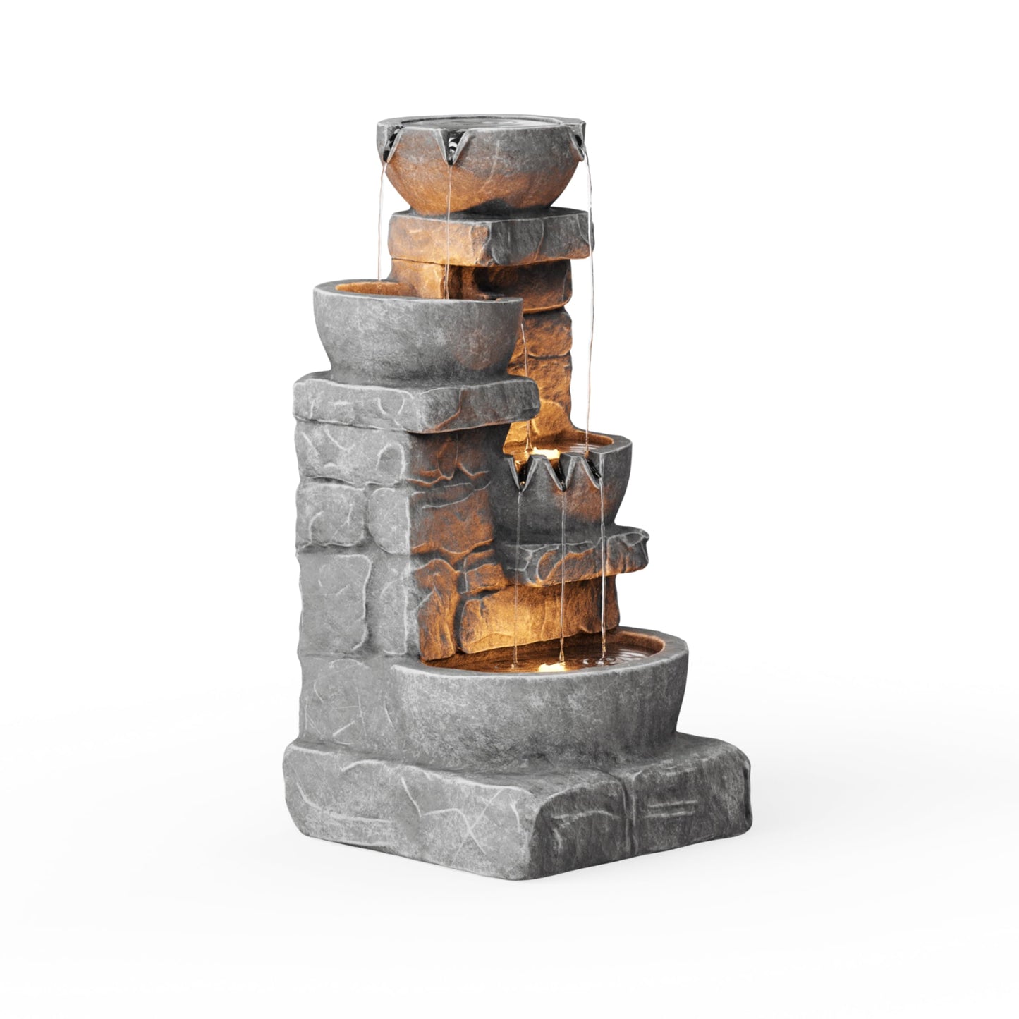 Teamson Home Cascading Bowls & Stacked Stone Outdoor Water Fountain with LED Light, Grey