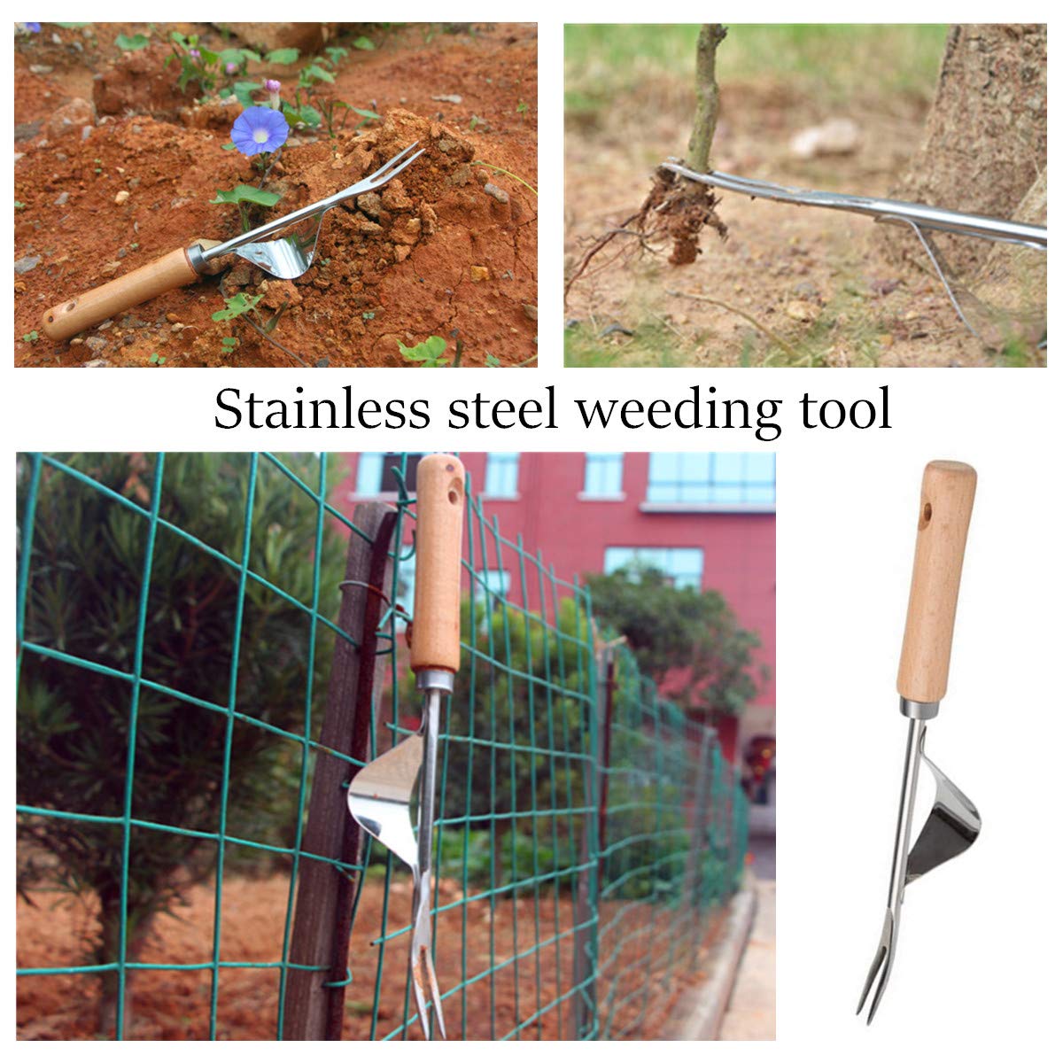 Garden Weeder Hand Weeder Fork Tool Weed Puller Removal Stainless Steel Manual Digging Dandelion Remover Tool Lawn Farmland Transplant Tool with Smooth Wood Handle