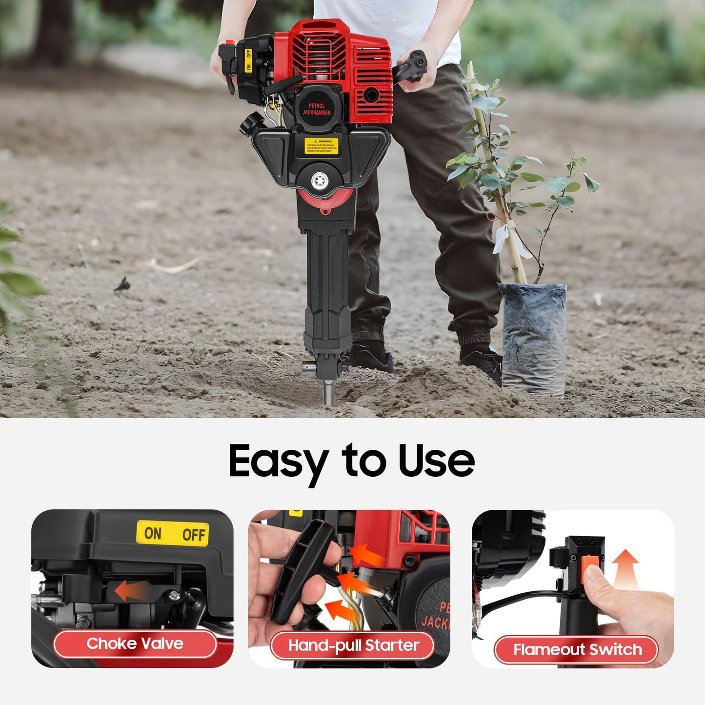 Petrol Garden Tree Digger,52cc 2 Stroke Excavator Digging Machine,1900w 6500r/min Post Hole Digger mit Wide Shovel&Pointed Pickaxe&Flat Pickaxe,Handheld Trencher Digger Machine for Garden and Farm
