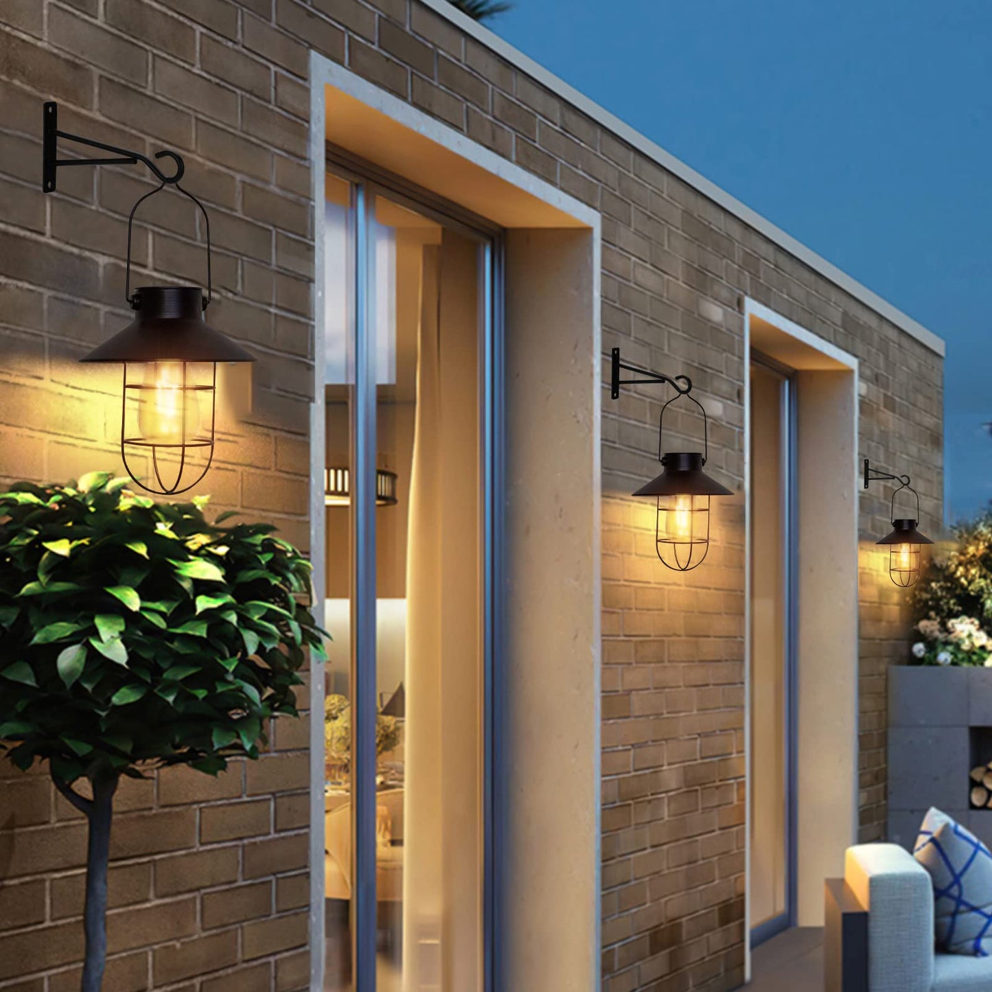 pearlstar Solar Lanterns Outdoor Metal Solar Powered Hanging Lights Waterproof for Wall Yard Garden Patio Garage Balcony Porch Fence Decor, Warm White Edison Bulb,with Wall Mount Kit（Black-2pack）