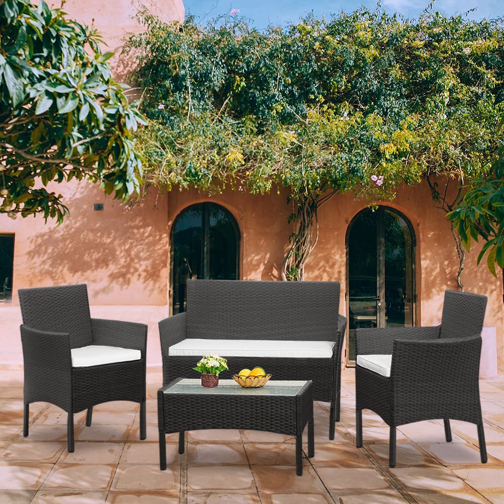Panana Rattan Garden Furniture 4 Piece Set Table Sofa Chair Patio Outdoor Conservatory Black