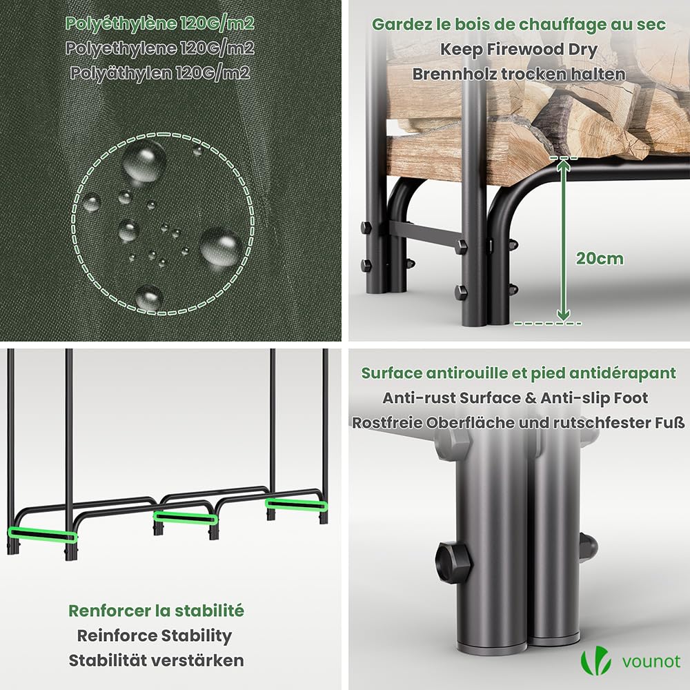 VOUNOT® Firewood Log Rack with Waterproof Cover, Metal Log Store Outdoor, 200 x 116 x 36 cm, Black