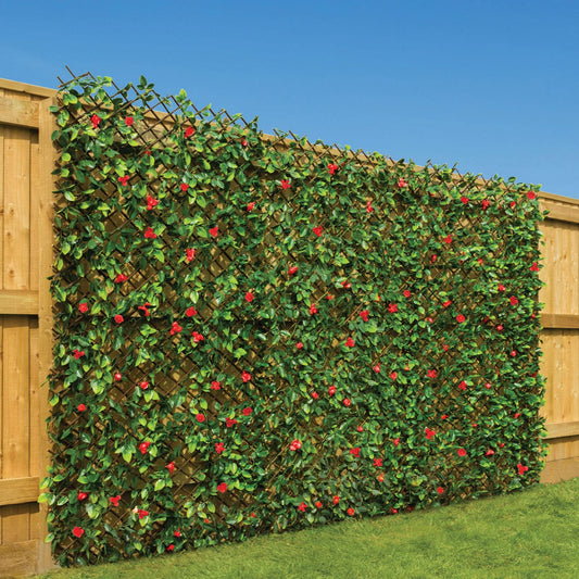 CHRISTOW Expanding Artificial Trellis Fake Leaf Red Flower Hedge Garden Privacy Screening (1m x 2m)