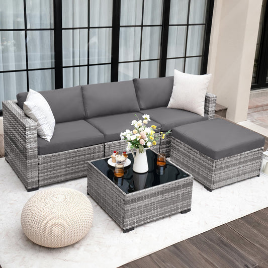 UDPATIO Rattan Garden Furniture Sets of 5,Corner Sofa Set 4 Seaters with Coffee Table,Outdoor Furniture Sectional Modular Combination with Cushion for Balcony,Patio,Grey