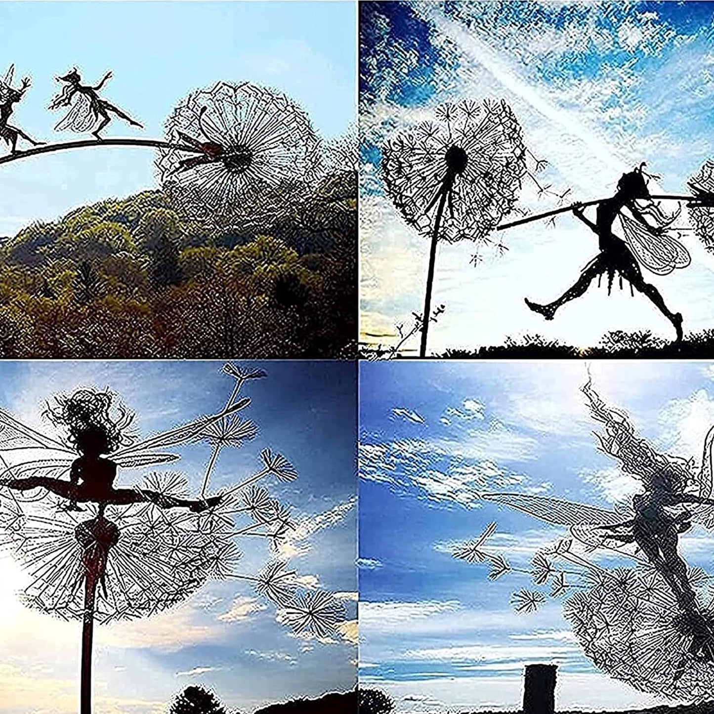 Fairies Dandelions Garden Art Sculpture Dance Yard Decorations Stainless Steel Garden Fairy Ornaments Garden Dandelion for Outdoor Decoration Metal