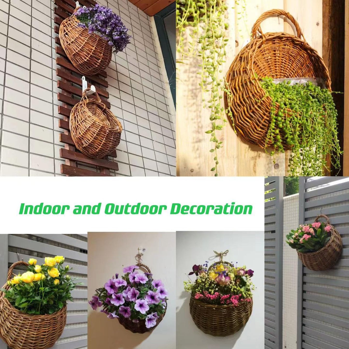 Mgoodoo Hanging Planter Basket with Wicker,Round Hanging Flower Plant Pot Plant Basket for Indoor Outdoor Garden Porch Decoration, 22 * 26CM，1pc