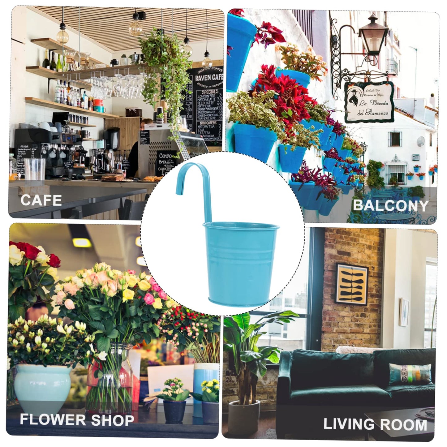 OFFSCH 6pcs Hanging Tin Flower Bucket French Country Decor Outdoor Metal Flowers Outdoor Plant Pots Iron Flower Pot Small Hanging Planters Blue Hanging Iron Bucket Flower Holder Metal