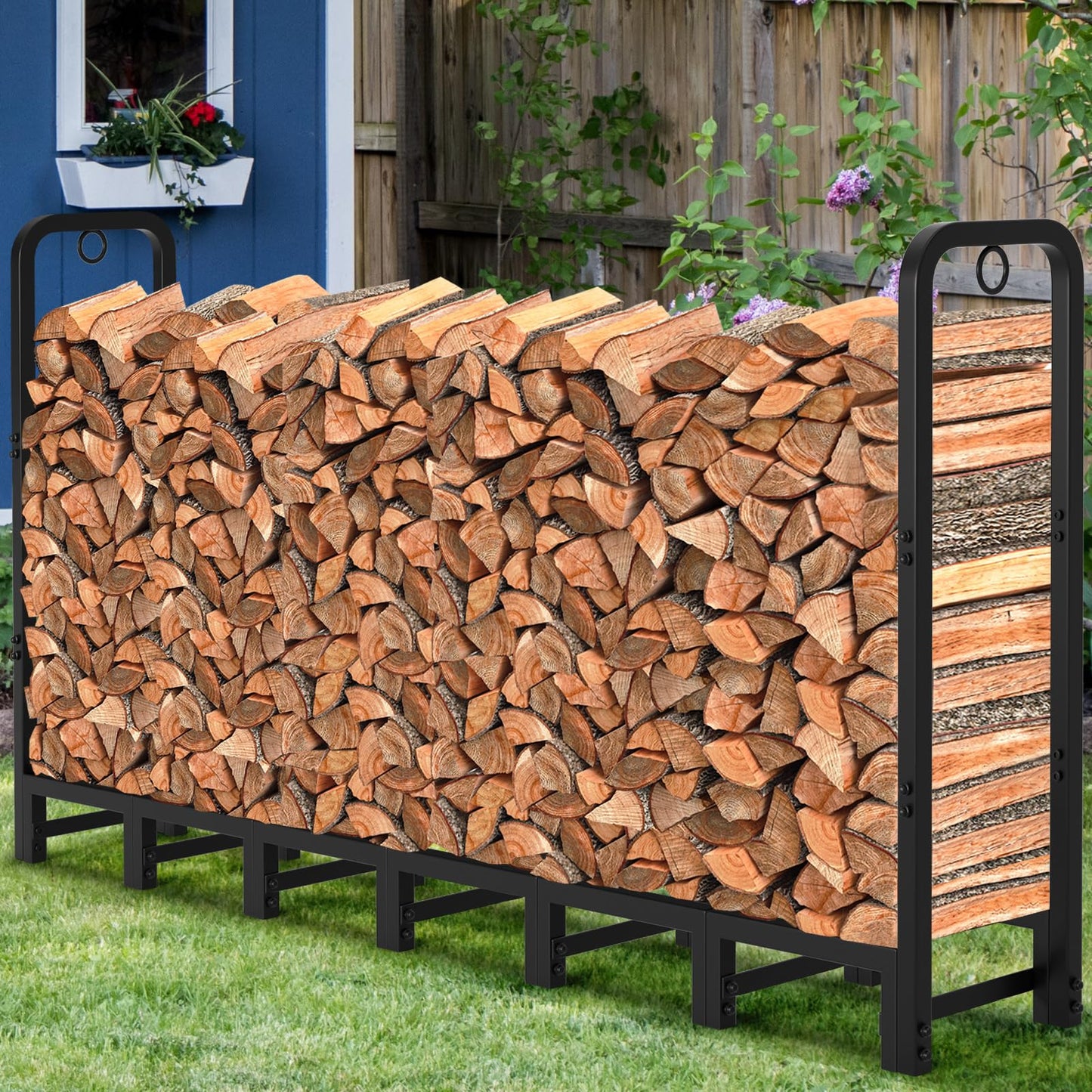 Amagabeli 8ft(244cmx36cmx121cm) Outdoor Fire Wood Log Rack for Fireplace Heavy Duty Firewood Pile Storage Racks for Patio Deck Metal Log Holder Stand Tubular Steel Wood Stacker Outside Tools Black