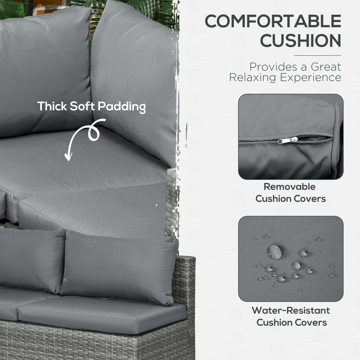 Outsunny 3 Pieces PE Rattan Garden Furniture Set with 10cm Thick Cushions, 4 Seater Outdoor Patio Corner Sofa Set with Glass Top Coffee Table, Grey