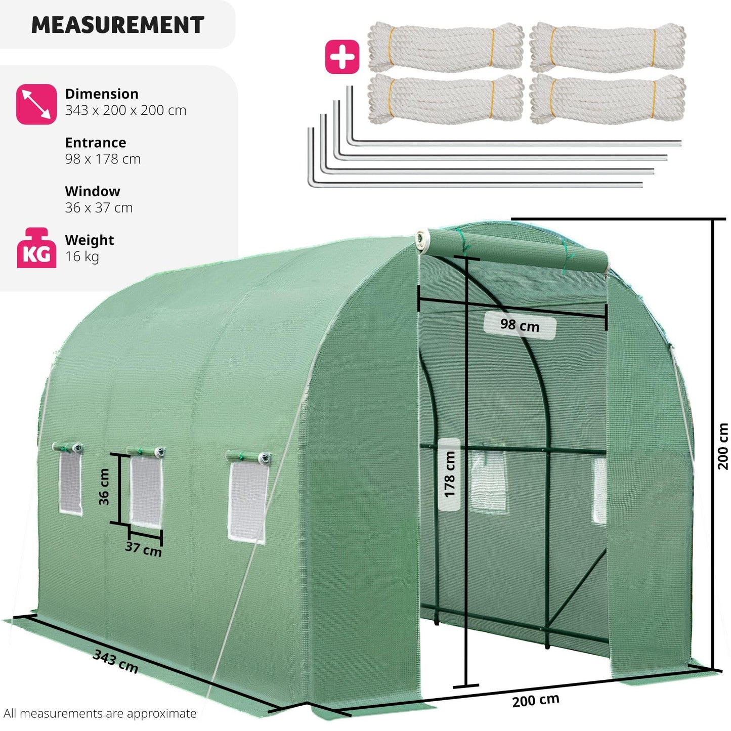 tectake® Greenhouse Polytunnel, Durable Steel Frame Grow Tent, PE Greenhouse Cover with Zip Door, 6 Mesh Windows, Frost-Resistant, 7m² Planting & Potting Space, Incl. Greenhouse Accessories - green