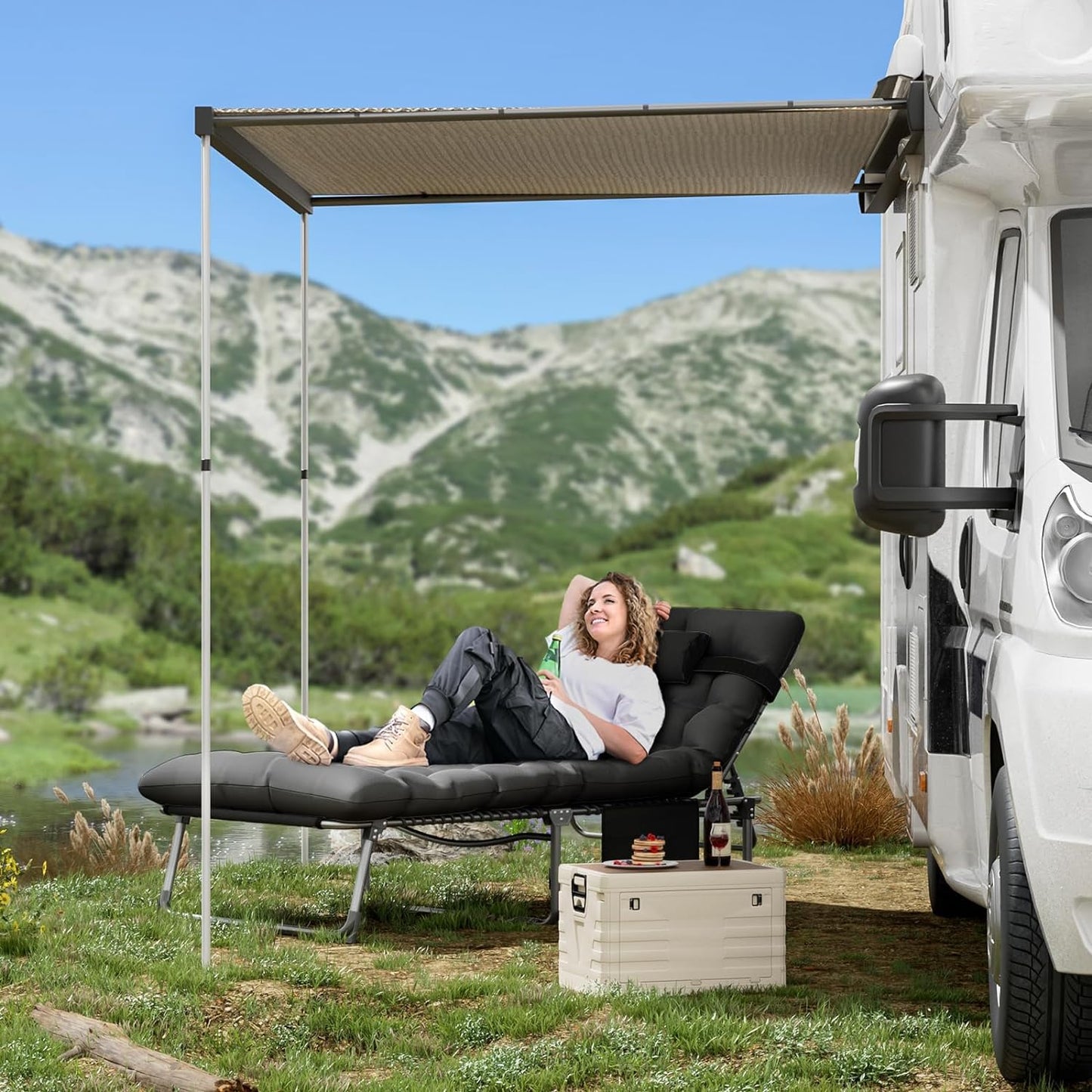 UDPATIO Padded Sun Lounger with Extra Cushion,Foldable Camp Bed With Adjustable Backrest Headrest,Oversize Garden Lounge Chair With Side Pockets Black