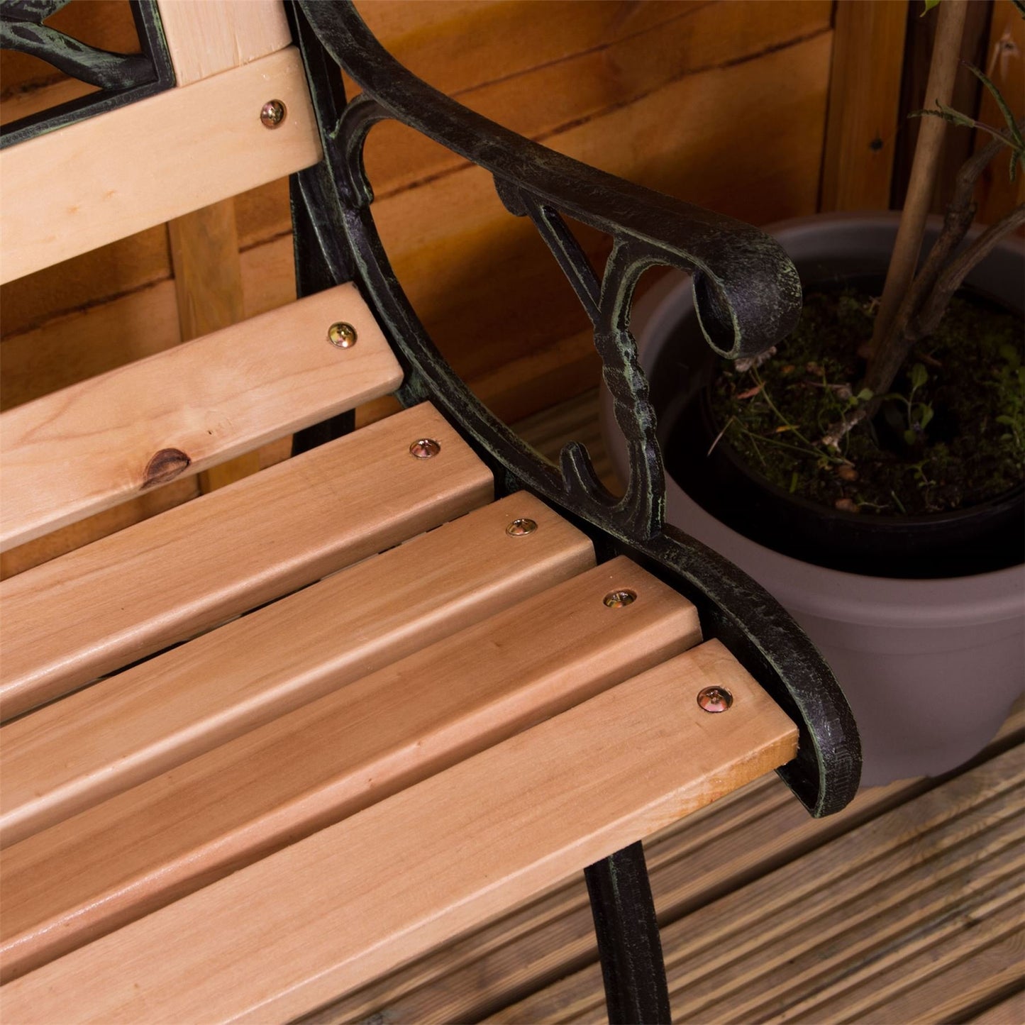 Home Discount Garden Vida Garden Bench, Rose Style Design 3 Seater Outdoor Furniture Seating Wooden Slats Cast Iron Legs Park Patio Seat