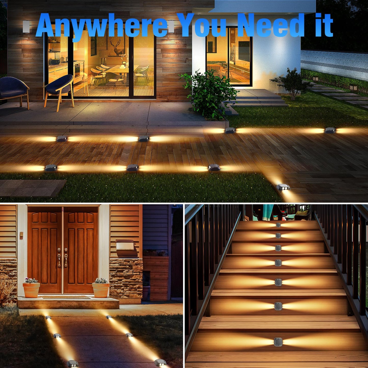 Quntis Solar Decking Lights 4 Pack, Warm White Solar Ground Light IP65 Waterproof, Pressure Resistant 3 Tons Driveway Lights for Stair Garden Step Pathway Walkway Patio Front Door