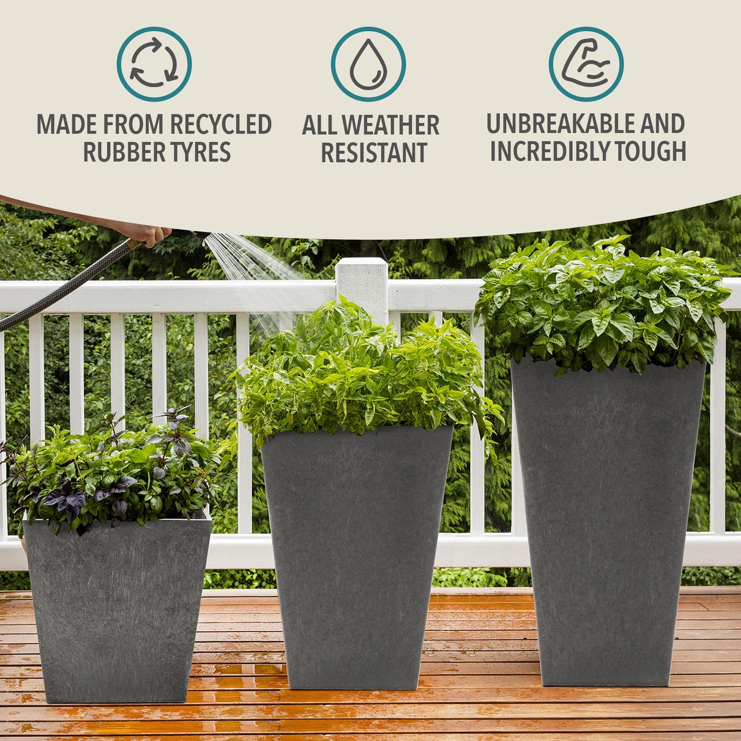Rugs and More Recycled Rubber Tyre Planters With Self-Watering Reservoir - Weather-Resistant, Unbreakable & Eco-Friendly Plant Pots For Indoor & Outdoor Use (50cm - Oak)