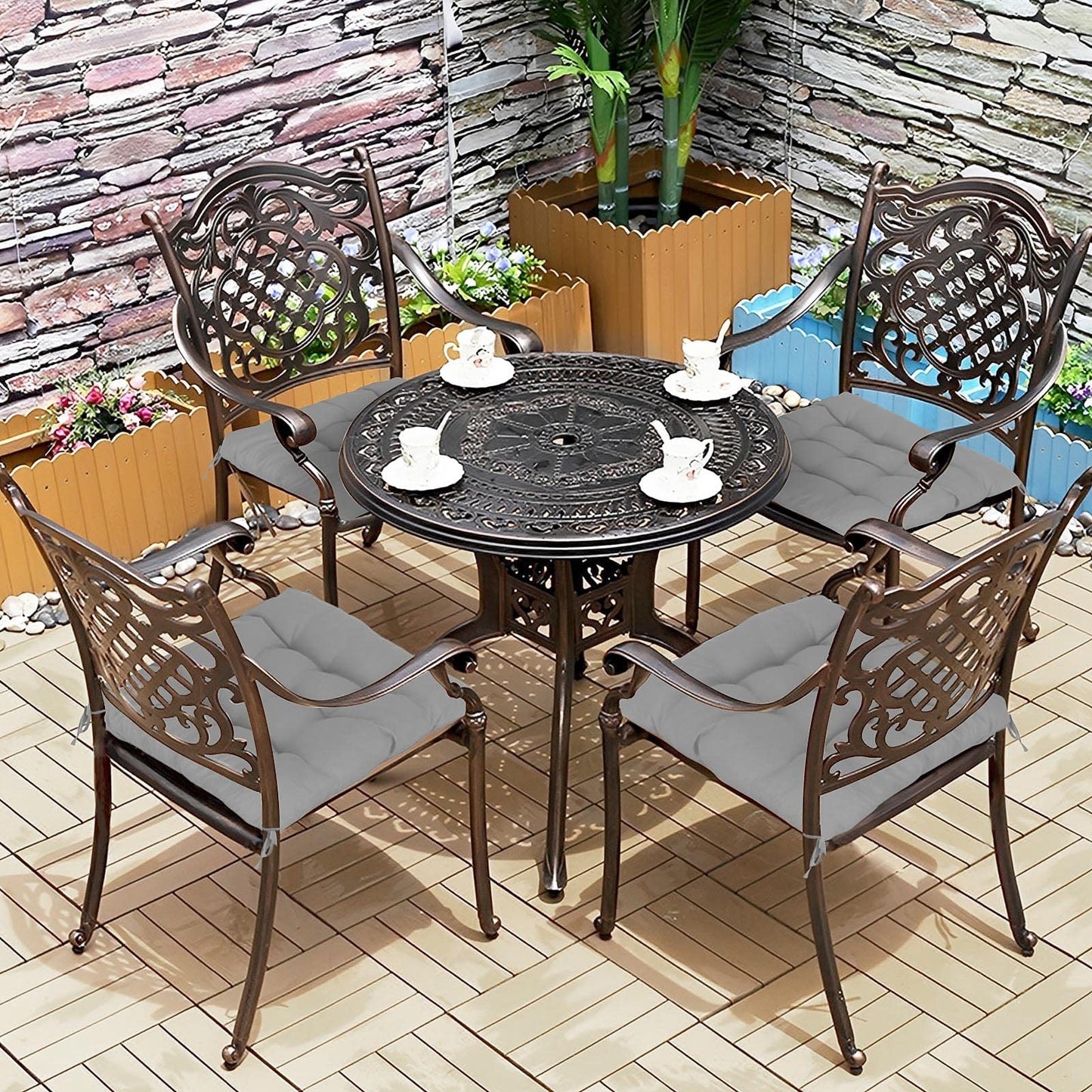 Holdfiturn 4Pcs Seat Pads for Dining Chair 40x40cm Garden Chair Cushions with Ties Comfortable Washable Square Seat Pad for Garden Kitchen Dining Outdoor Office Classroom Grey