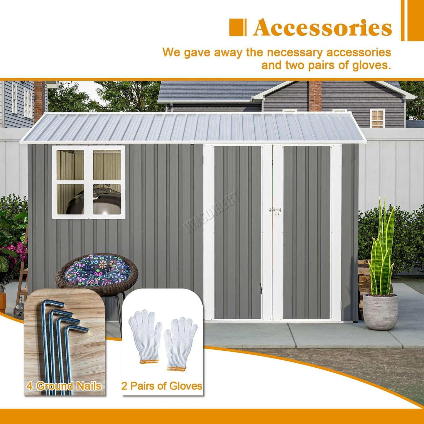 BIRCHTREE Garden Shed Steel Apex Roof House Outdoor Backyard Storage With Lockable Double Doors Window Free Foundation Tool Equipment Organizer Air Vents 10x8FT Grey