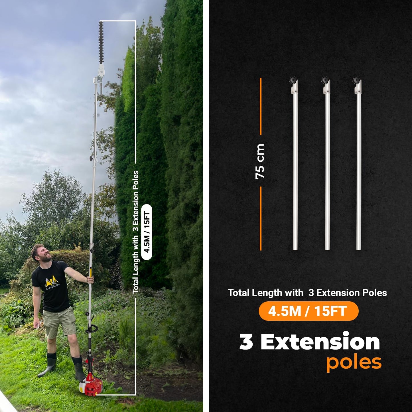 BU-KO 52cc Long Reach Petrol Hedge Trimmer and Pruner Saw with 3x 75cm Extension Pole and Toolbag for Convenient Storage, Ultimate Garden Tool for Precision Cutting, Trim Hedges and Prune with Ease