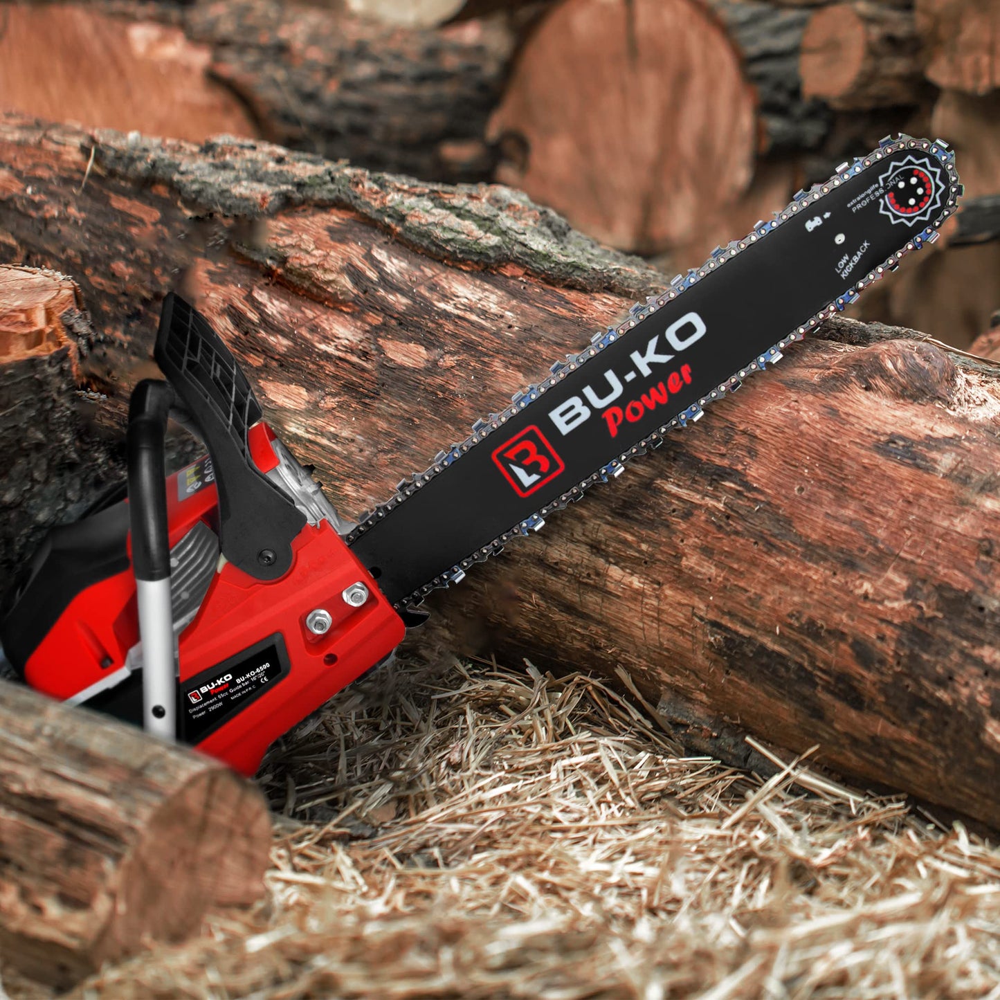 BU-KO 65cc Petrol Chainsaw 3.89HP 20" Bar with 2 Chains and 16" Bar with 2 Chains - Cover Bag and Full Safety Gear