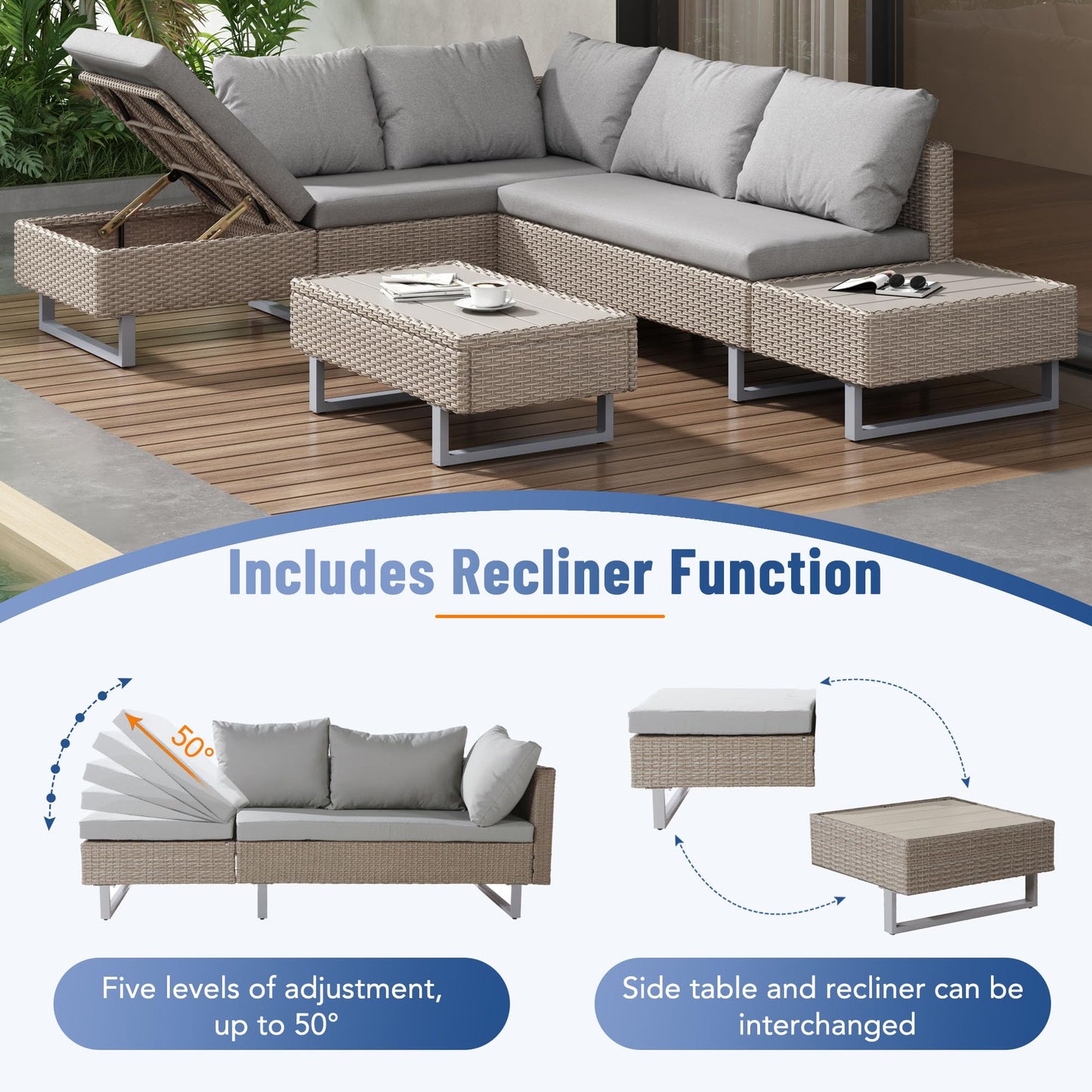 Merax Rattan Garden Sofa Set 5-Seater, Industrial Style PE Rattan Garden Furniture, Rattan Corner Sofa with Coffee Table, Anti-UV Cushions Removable Covers, Outdoor Furniture for Garden, Mixed Khaki
