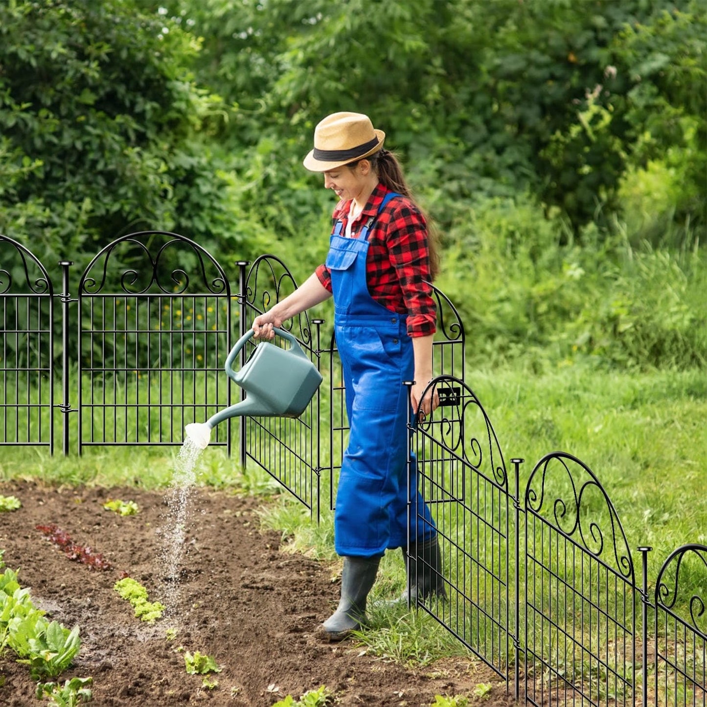 Getlay Tall Garden Animal Barrier with Gate, 36in(H)×17.5ft(L) 8-Panel Dog Fence, Black Heavy Duty Metal Temporary Defense Fence