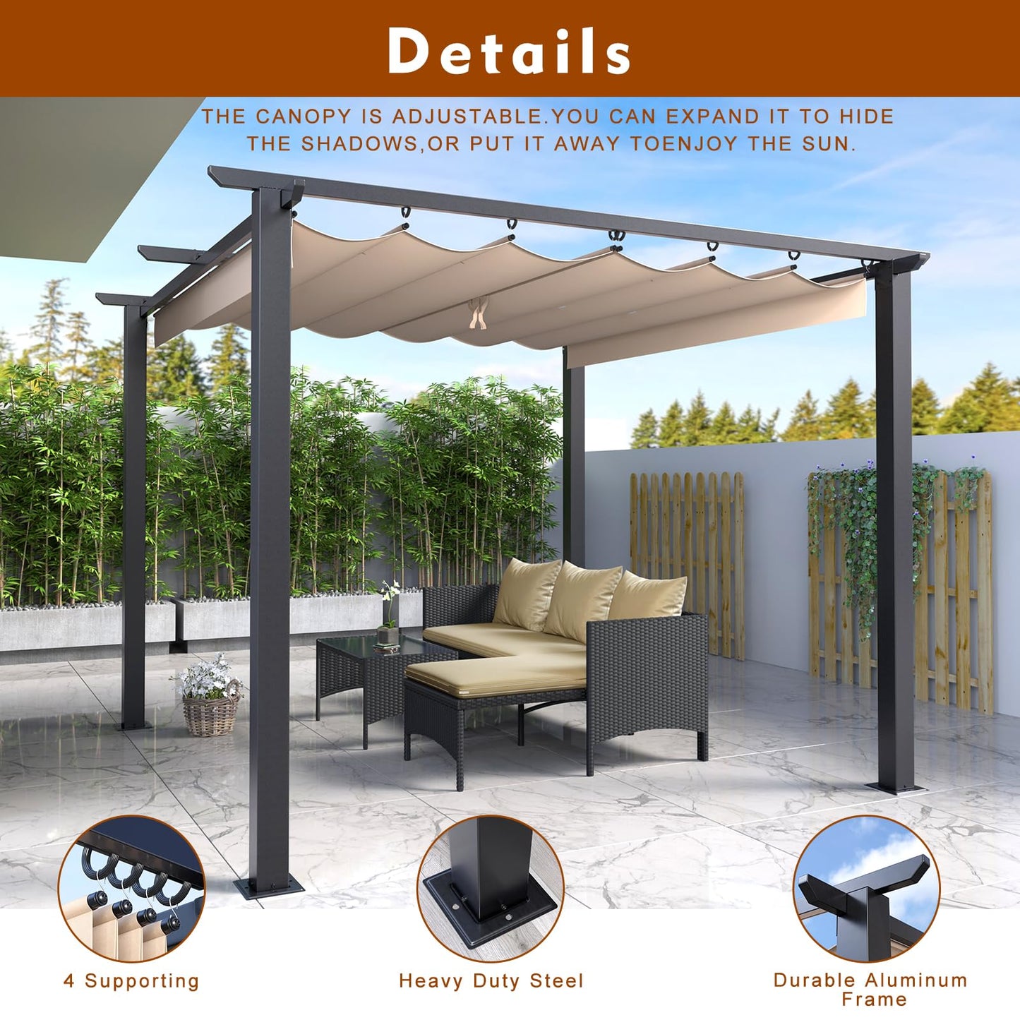 Gazebo, bigzzia Metal Pergola With Retractable Roof,Outdoor Parasol Features Water-Resistant And SPF 15 With PU Coated Canopy,Sun Shade For Garden Party Barbecue Event (Off-white, 3Mx3M)