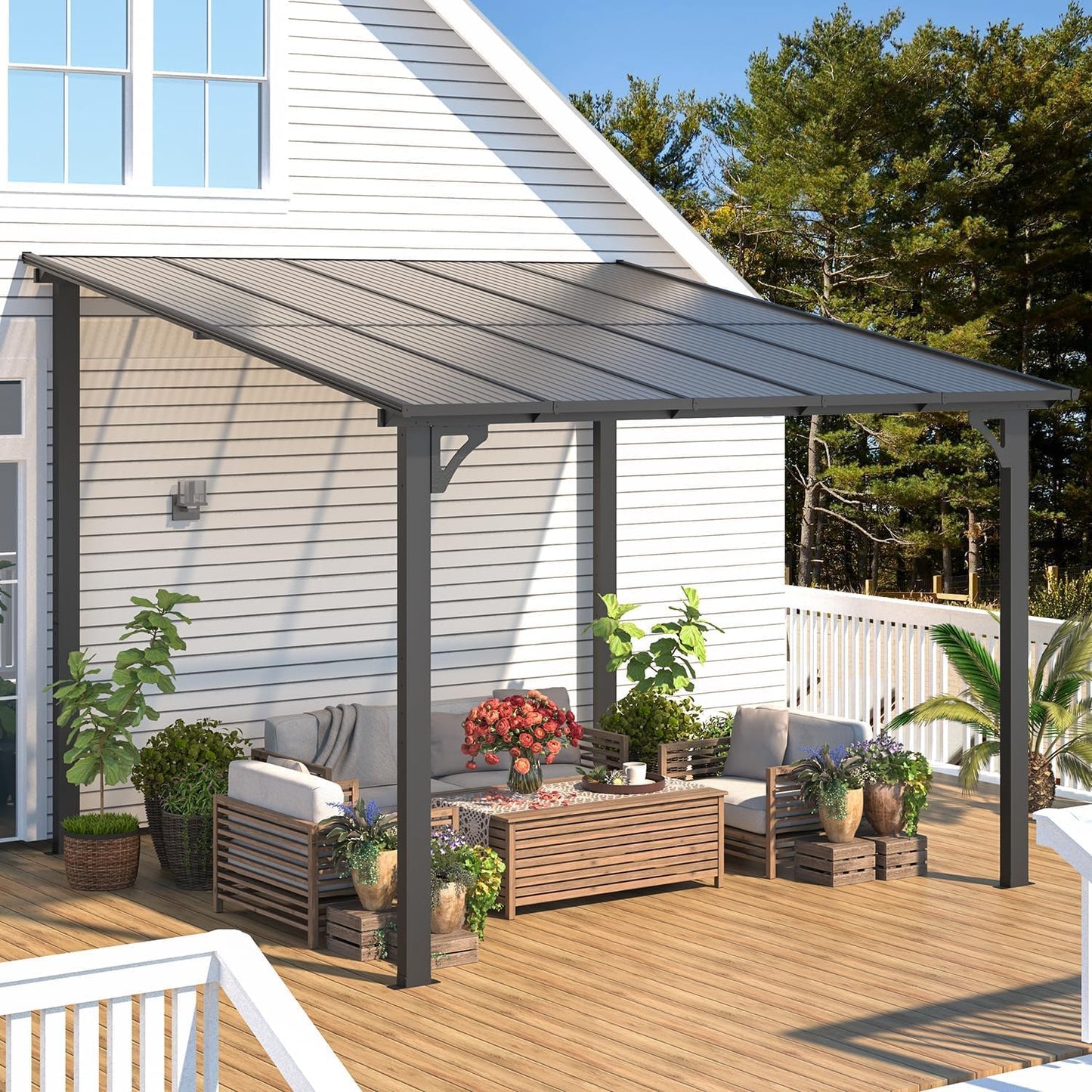 U-MAX 3m x 3m Aluminium Gazebo,Wall-Mounted Awning Gazebo，Lean to Pergola,Hardtop Roof Heavy Duty Metal Pergola for Outdoor Garden