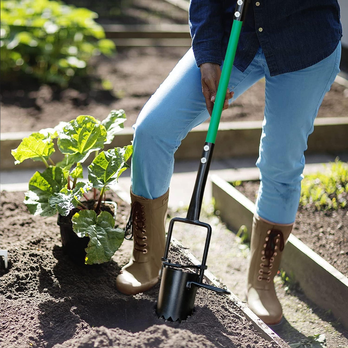 Hortem Bulb Planter Tool Long Handle, Long Handled Bulb Planter with Sliding Footrest for Easy Soil Pushing, Transplant Flowers, Seedlings or Vegetables without Bending