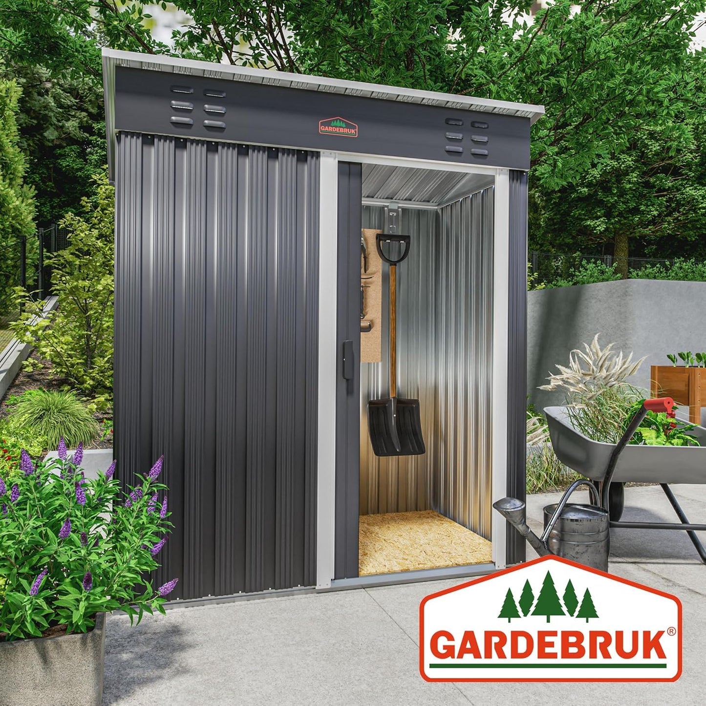 GARDEBRUK® Medium 5x3' Metal Tool Shed Garden Storage | 1.5m² | Pent Roof | 185x165x90cm | Sliding Door | Galvanised Steel Garden Equipment Utility Log Coal Bunker Storage | Anthracite Grey