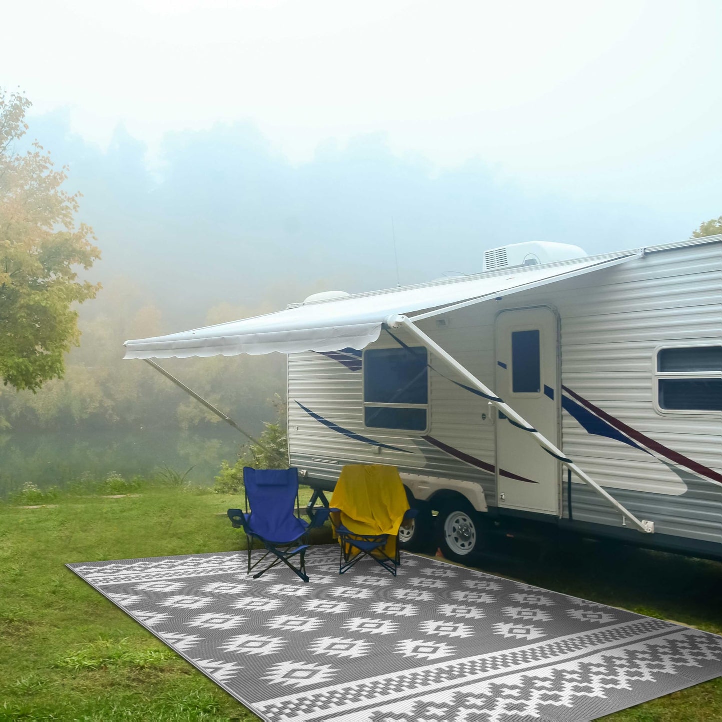 Green Decore Reversible Recycled Plastic Camping and Picnic Rugs | Perfect for Garden, Patio, Picnic, Decking | Stain And Water Resistant | Riffle Sharkskin Grey/White 120 x 180 cm