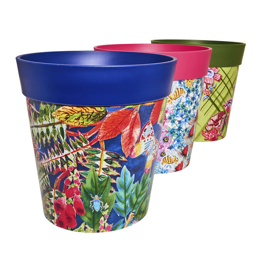 Hum Flowerpots, 22cm Set of 3, Various Patterns Colours and Sizes, Indoor/Outdoor Plastic Plant Pots, Flowers Trellis & Leaves