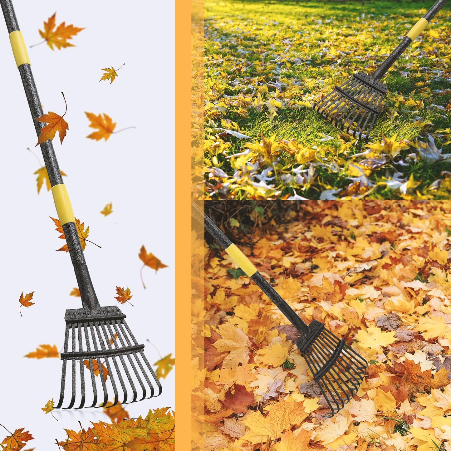 Garden Leaf Rake 5 FT, 21 cm Width 152 cm Long Heavy Duty Small Leaf Rake 11 Tines, Adjustable Steel Handle,Garden Leaf Rake Shrub Rake for Collecting Debris in Flower Bed, Delicate Plants, Lawn ,Yard