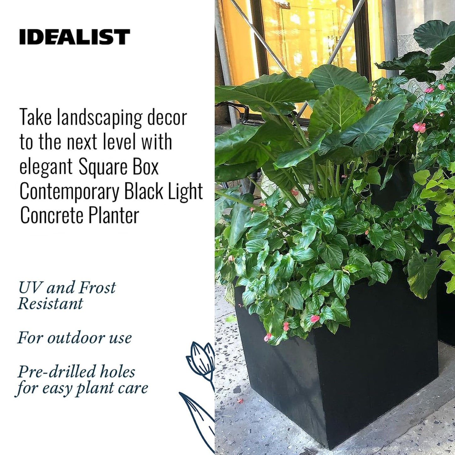 IDEALIST 50cm Large Square Planter for Trees | Black Reinforced Stone Flower Pot with Drainage Holes L50 W50 H50.5 cm, 92 litres