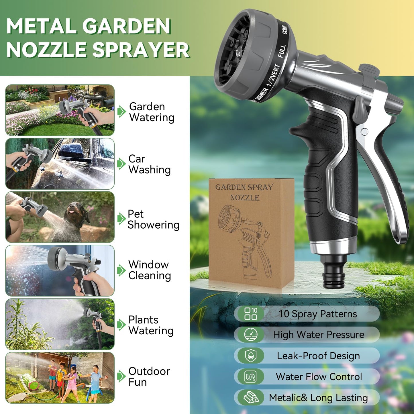 2025 NEW Heavy-Duty Metal Hose Pipe Spray Gun, 8 Adjustable Spray Patterns Garden Hose Spray Gun, Leak-Proof Hose Gun, Garden Hose Nozzle for Watering, Cleaning, Washing Cars, Compatible with UK Hoses
