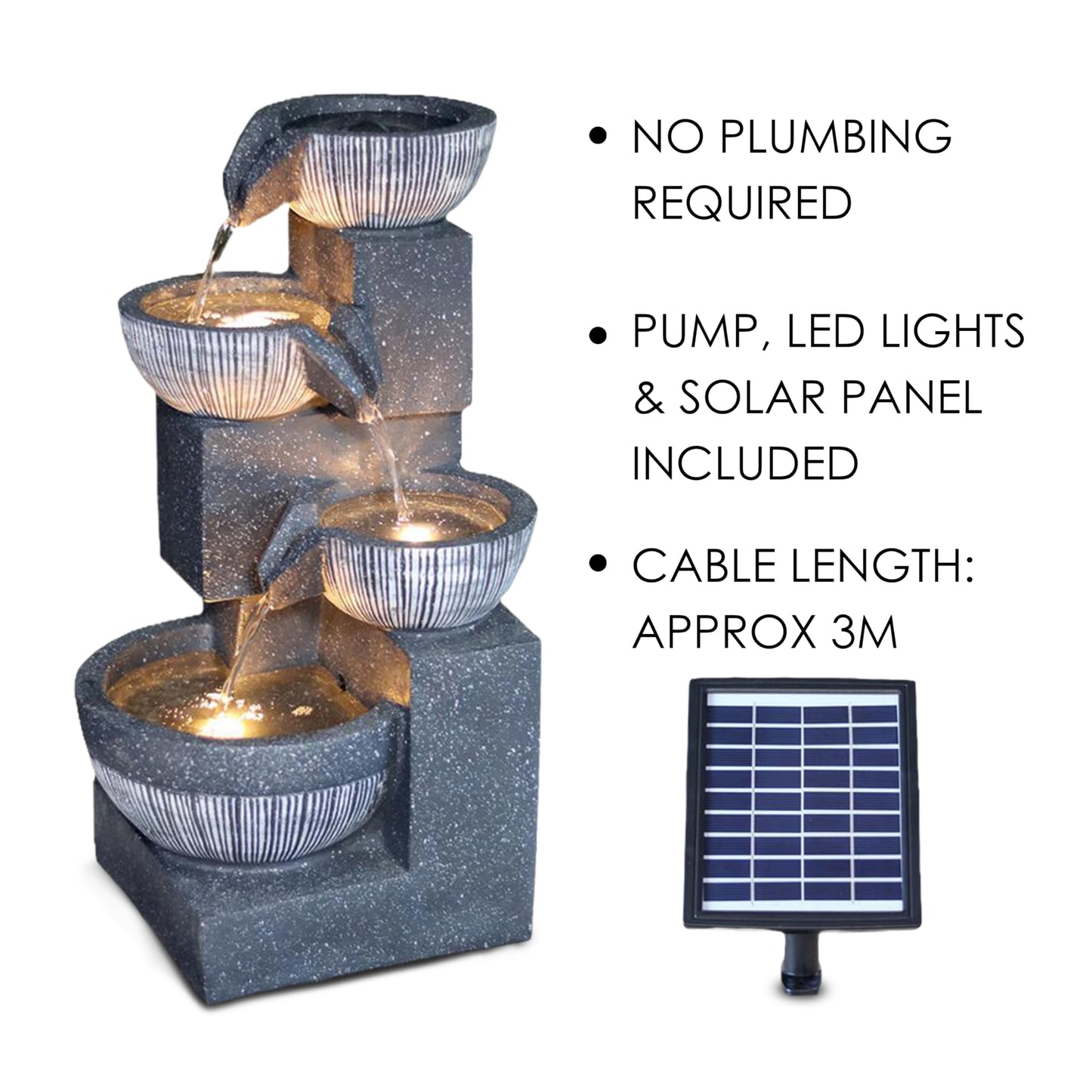 GEEZY Solar Water Features for the Garden – Outdoor 4 Tier Bowl Fountain with LED Lights – Solar Powered, Self-Contained – Easy Setup, Relaxing & Cascading – Ideal for Garden, Patio & Balcony Decor