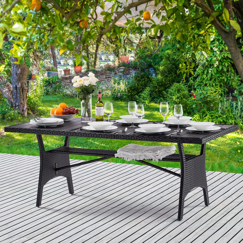 CASARIA® 8 Person XL Poly Rattan Garden Table with Shelf & WPC Top | 190 x 90 x 74cm | Weather Resistant | Outdoor Patio Dining Furniture | Lawn Patio Deck Balcony | Black