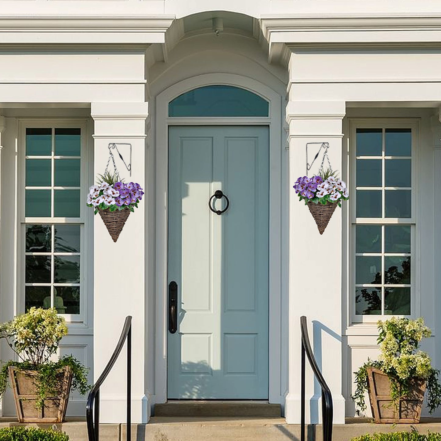 2 x Cone Shaped Hanging Baskets with Purple & White Flowers and Decorative Grasses (Set of 2)