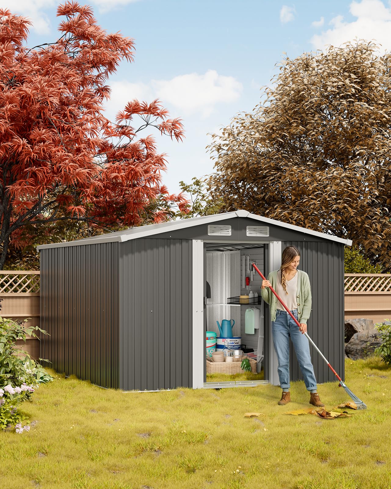 XEMQENER Large Garden Storage Shed with Base, 10x8 FT Metal Garden Shed with Door and Roof, Lockable Outdoor Storage House for Gardening Tools, Gardening Equipment, Bike, 257x312x178cm, Black