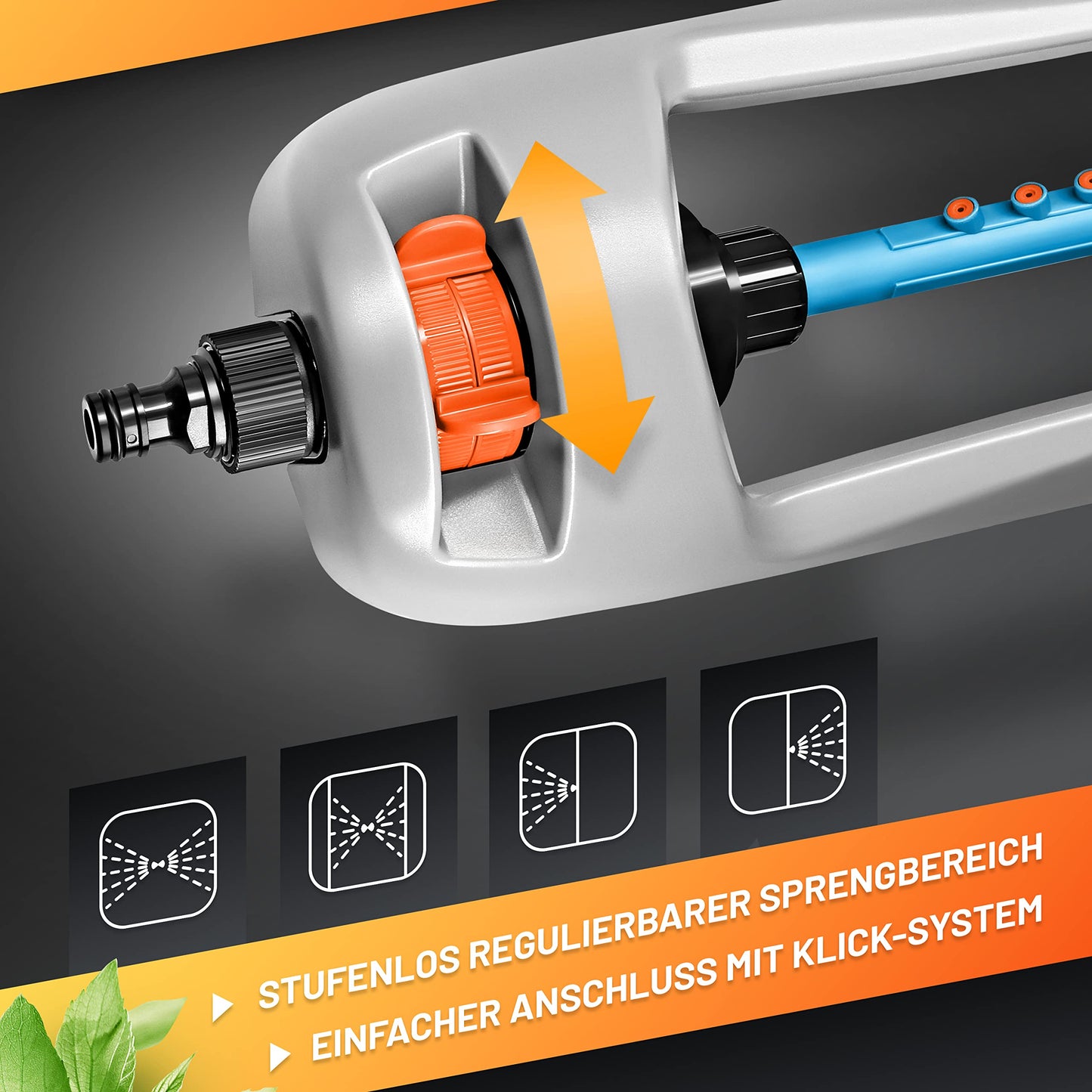 GRÜNTEK Primavera Oscillating Sprinkler – Up to 336 m² | 16 Nozzles for Even Irrigation | Adjustable Spray Width (21 m x 15 m) | Universal EU & US Connector