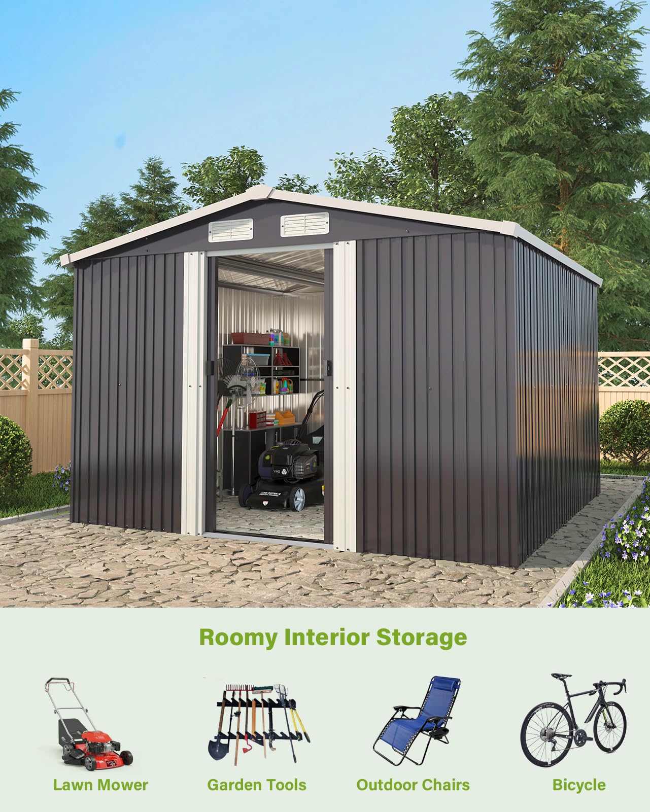 XEMQENER Large Garden Storage Shed with Base, 10x8 FT Metal Garden Shed with Door and Roof, Lockable Outdoor Storage House for Gardening Tools, Gardening Equipment, Bike, 257x312x178cm, Black