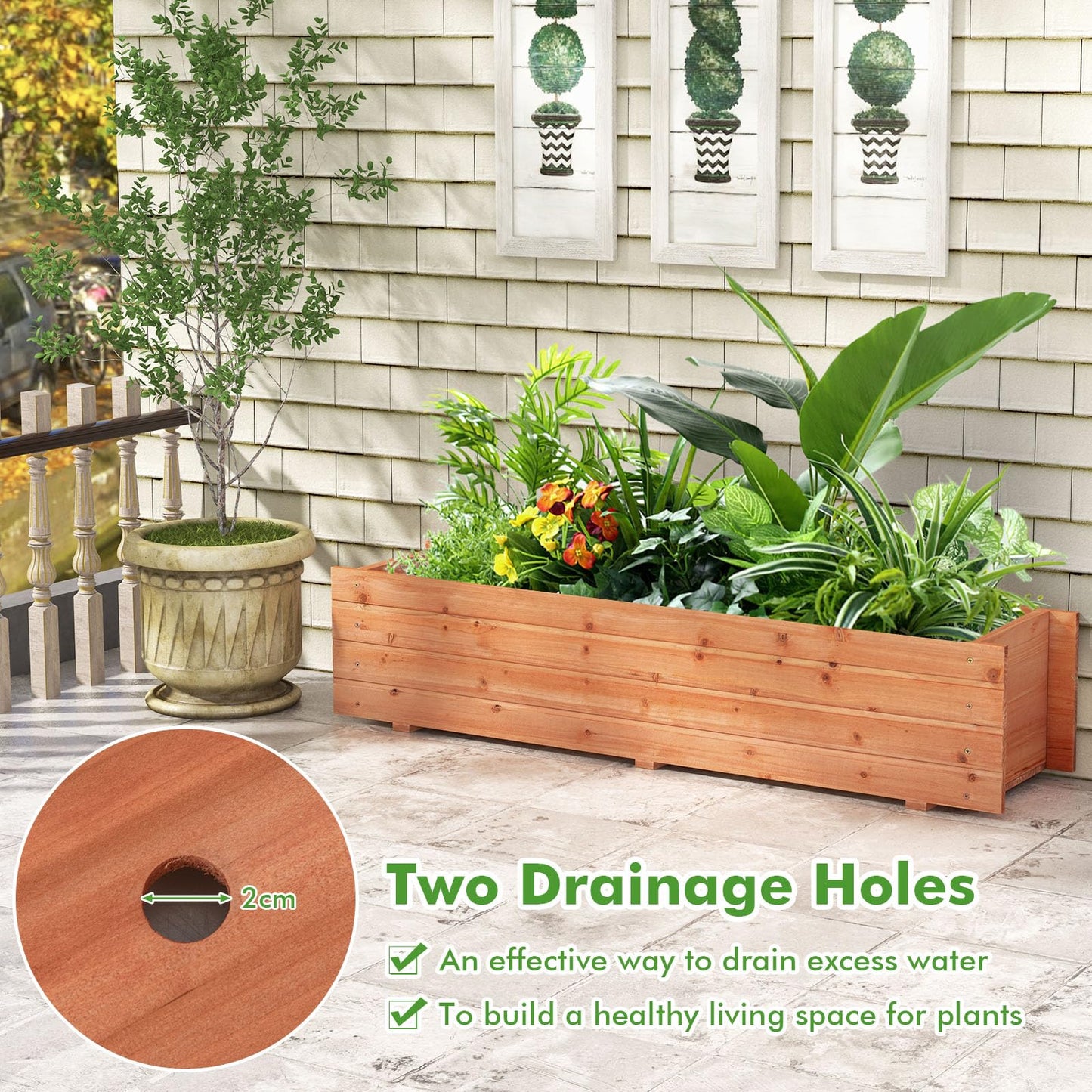 GiantexUK Wooden Garden Planter, Rectangular Raised Bed Flower Pot with 2/4 Drainage Holes, Indoor Outdoor Elevated Planter Boxes Container for Plants Herbs Fruits Vegetables (112x26x25cm, 2 Holes)