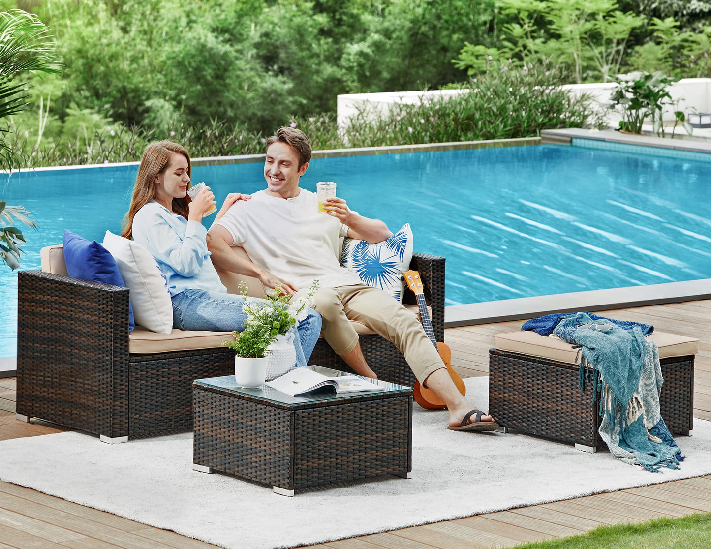 SONGMICS Garden Furniture Set, PE Outdoor Corner Sofa Couch, Handwoven Rattan Patio Conversation Set, with Cushions and Glass Table, Brown and Taupe GGF005K05