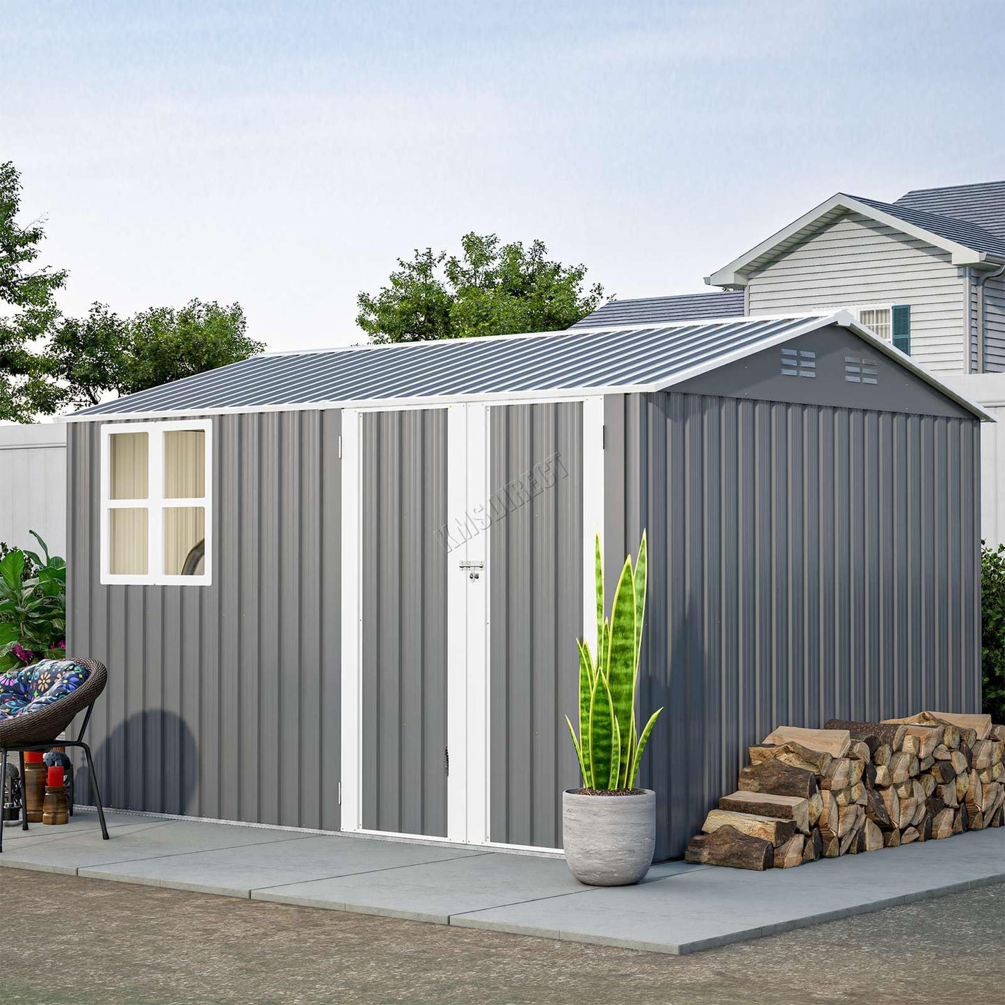 BIRCHTREE Garden Shed Steel Apex Roof House Outdoor Backyard Storage With Lockable Double Doors Window Free Foundation Tool Equipment Organizer Air Vents 10x8FT Grey