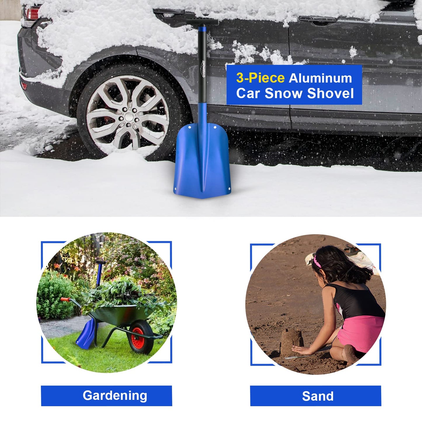 Overmont Retractable Snow Shovel with Ice Scraper Aluminum Lightweight Utility Portable Collapsible Shovel Mud for Car, Camping, and Garden Blue